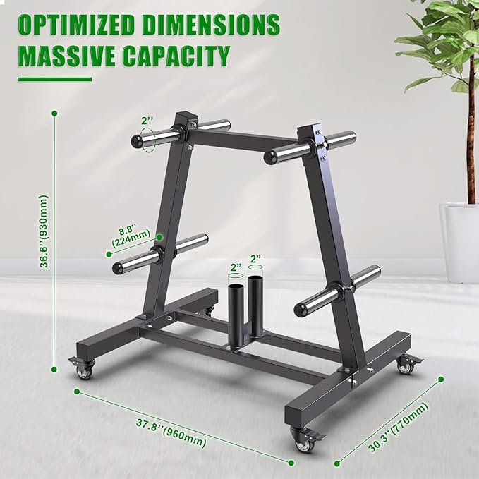 SELEWARE Olympic Weight Plate Tree Rack with 8 Weight Pegs & 2 Barbell Holders, Heavy-Duty Steel Gym Storage Organizer with Locking Wheels for 2 Inch Olympic Plates & Bars
