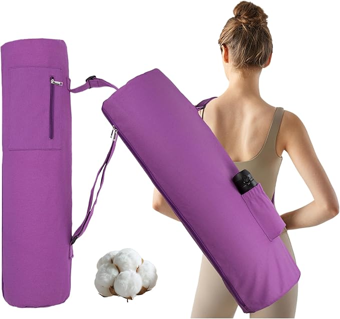 Cotton yoga mat bag with Pockets and Adjustable Strap - Full Zip Cargo Yoga Mat Carrier Bag - Bag for 1/4" 1/3" Thick Yoga Mat