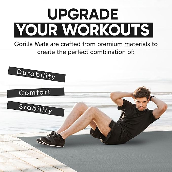Gorilla Mats Large Exercise Mat – 6'x4', 7'x4', 7'x5', 8'x4', 10'x4' (1/4" Thick) – Ultra Durable Workout Mat for Home Gym Flooring – Non-Slip, Flat Fitness, Yoga & Weight Lifting Floor Mat