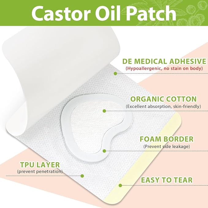 50 Pcs Castor Oil Patches with (8oz) Castor Oil Organic Cold Pressed Unrefined Glass Bottle,Cotton Caster Oil Pack Wrap for Waist Back Neck Arm Belly,Self-Adhesive Disposable for Convenient Use