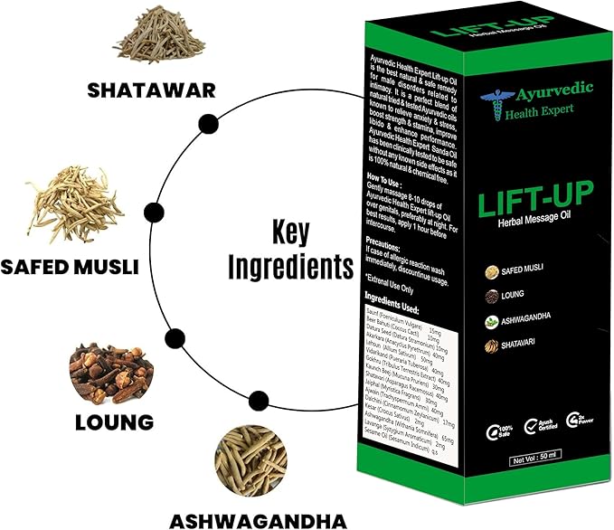 Lift-up 50ml | 100% Pure & Natural Herbal Massage Oil for Men | Boosts Strength, Stamina & Vitality | Chemical-Free Ayurvedic Formula for External Use (50 Ml Pack of 1) 1.6oz