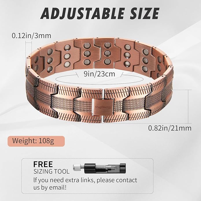 MagEnergy Copper Bracelet for Men, 3-Row Magnet Design, Ultra Strength Magnetic Bracelet 99.99% Pure Copper Wristband Adjustable Jewelry Gift with Sizing Tool