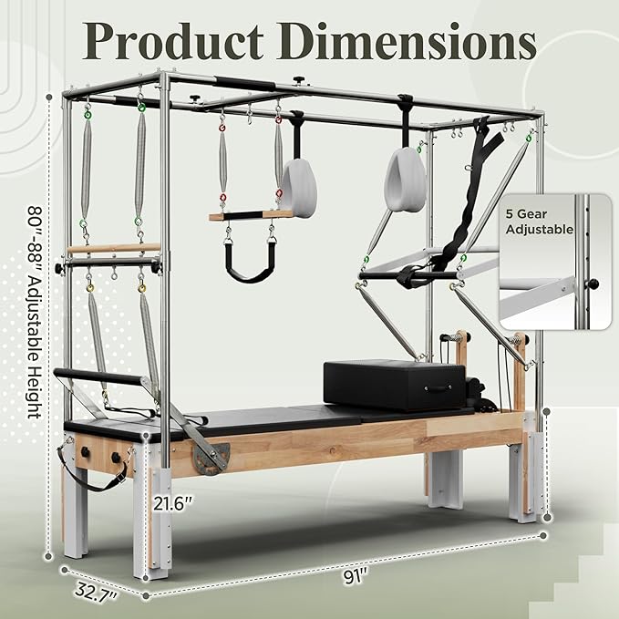 PAETA Pilates Reformer, Wooden Reformer Pilates Machine with Cadillac Trapeze Table, Pilates Equipment for Home Workout and Studio, Includes Sitting Box, Jumpboard