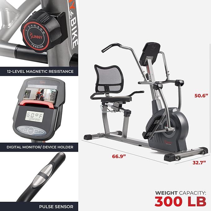 Sunny Health & Fitness Elite Recumbent Cross Trainer & Elliptical Machine with Arm Exercisers for Home Arm/Leg Training, Easy Adjust Seat & Mesh Backrest, Free SunnyFit App Bluetooth Connectivity
