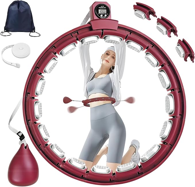 Smart Silent Weighted Exercise Infinity Hoop - Patent Pending (80% Quieter + Auto Count), Adjustable 30"-50" Fitness Hoop for Adults, Core Ab Workout with Circle for Women & Men (Brownish red)