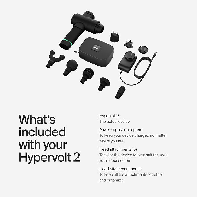 Hyperice Hypervolt 2 Black - Featuring Quiet Glide Technology - Handheld Percussion Massage Gun | 3 Speeds, 5 Interchangeable Heads | Helps Relieve Sore Muscles and Stiffness