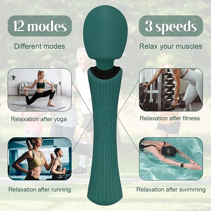 Handheld Personal Portable Cordless Waterproof Rechargeable Massager - 12 Modes 3 Speeds, Quiet Function & Soft Silicone for Neck, Shoulder, Back Pain Relief - Rose Green