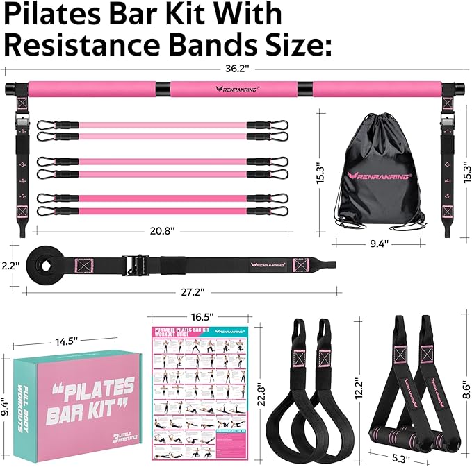 Pilates Bar Kit with Resistance Bands, Multifunctional Pilates Bar for Women & Men with Heavy-Duty Metal Adjustment Buckle, Pilates Home Equipment for Full BodyWorkouts