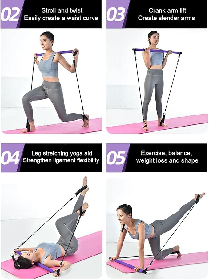 Adjustable Pilates Bar Portable 3 Sections Pilates Workout Stick Body Building Puller Yoga Pull Rods for Home Gym Office Travel Fitness Equipment Steel Pipe Foam 35 Inches