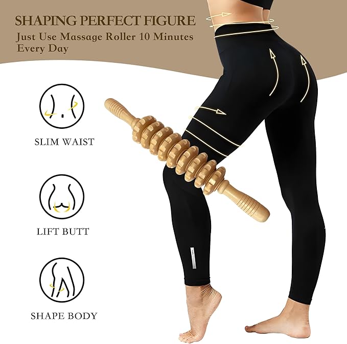 Wood Therapy Massage Roller Stick with Release Myofascial Trigger Points, Massager Tool for Cellulite Reduction, Muscle Tension and Lymphatic Drainage Physical Therapy Recover (Wood)