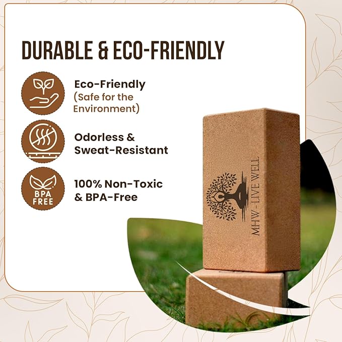 MHW - LIVE WELL Cork Yoga Block – Natural Anti-Slip Yoga Block for Stability & Deepening Poses - 9x6x3 Inches, Single (Cork, Pack of 2)