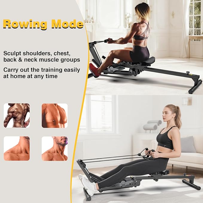 3-in-1 Foldable Rowing Machine, Adjustable Resistance AB Core Trainer with LCD Monitor, 265LBS Carbon Steel Home Gym, Easy Assembly
