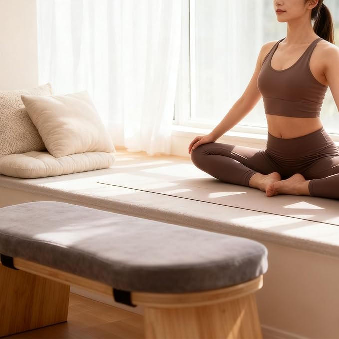Asixxsix Meditation Bench, Folding Beech Wood Kneeling Stool with Soft Cotton Cushion and Magnetic Locking Hinge, 220lbs Load Capacity Anterior Tilt Prayer Bench for Home