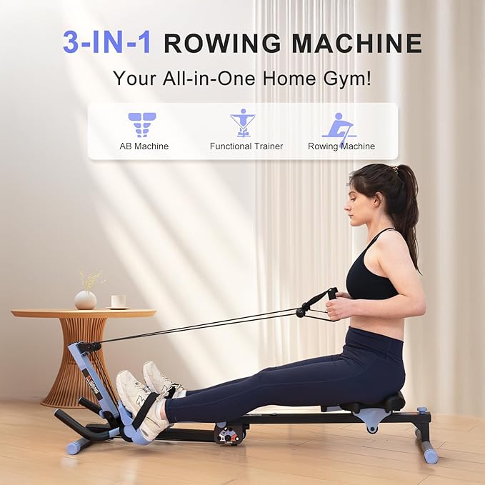 TOUSAINS 3 in 1 Ab Machine, Foldable Rowing Machine & Cable System, Core Trainer for Abdominal Workout, 4-Level Height & 2 Resistance Levels, All-in-One Home Gym Equipment for Weight Loss & Sculpting
