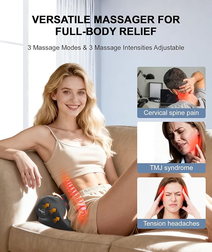 RINGCO Neck Massager with Heat, Red Light & Vibration Adjustable, Heated Neck Stretcher with 3 Modes, Rechargeable Cervical Traction Device for Pain Relief & Muscle Relaxation, Gift for Women Men