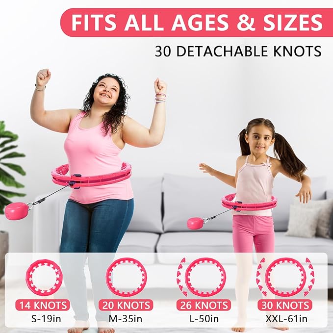 U1 Weighted Hula Hoop 30 Knots 19"-61" for Adults with Waist Trimmer Belt & Durable Wash Bag Bundle– Fitness Hoop for Exercise, Workout, Slimming & Home Gym, Pink