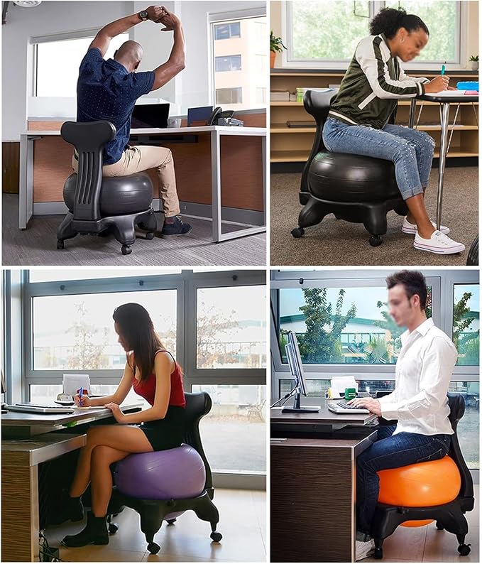 Adult Youth Balance Ball Posture Chair with Foot Pump, Ergonomic Office Chair Yoga Ball Chair, Home Gym Exercise Ball Chair Rolling Stool