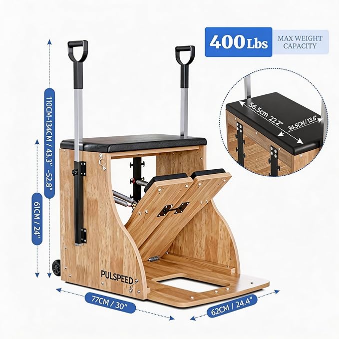 Pilates Chair Wunda Chair Pilates Combo Chair with Handles Split Pedals Reformer Machine for Yoga Core Training Rehabilitation Includes Non-Slip Socks (Wood Panel Bracket)