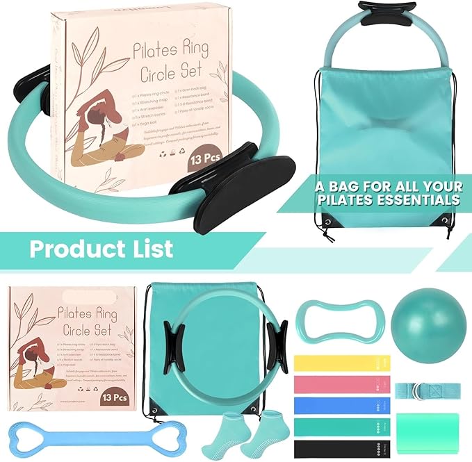 Home Pilates Essentials Kit for Women - Complete Pink Equipment Set with 9 Inch Yoga Ball, Figure 8 Resistance Band, Bands & Accessories, Ring for Beginners Workouts
