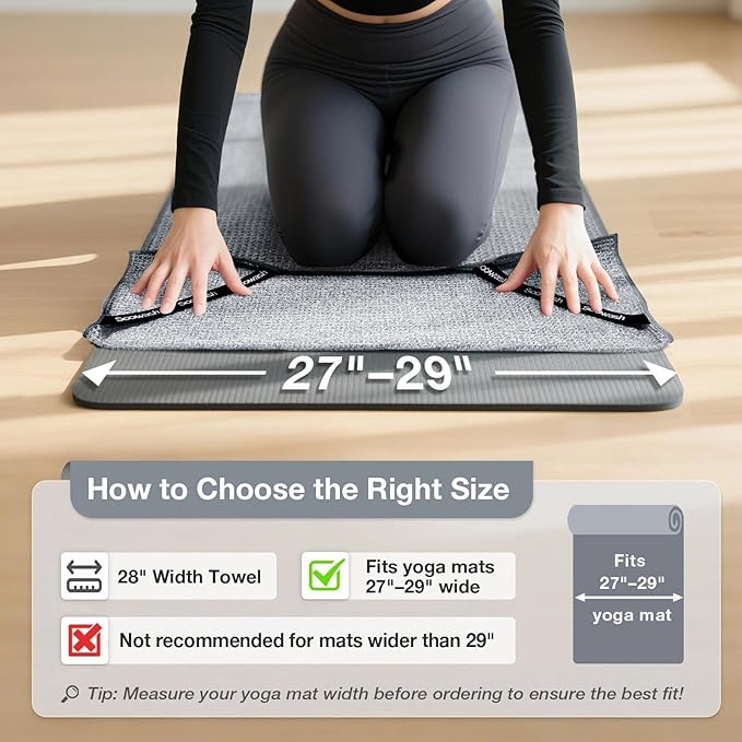 Hot Yoga Towel,Microfiber Yoga Mat Towels Non Slip for Hot Yoga Absorbent Microfiber Sweat Anti-Slip Cover,Bikram,Pilates,Exercise,Fitness 24 inch X 72 inch Grey 2 Pack