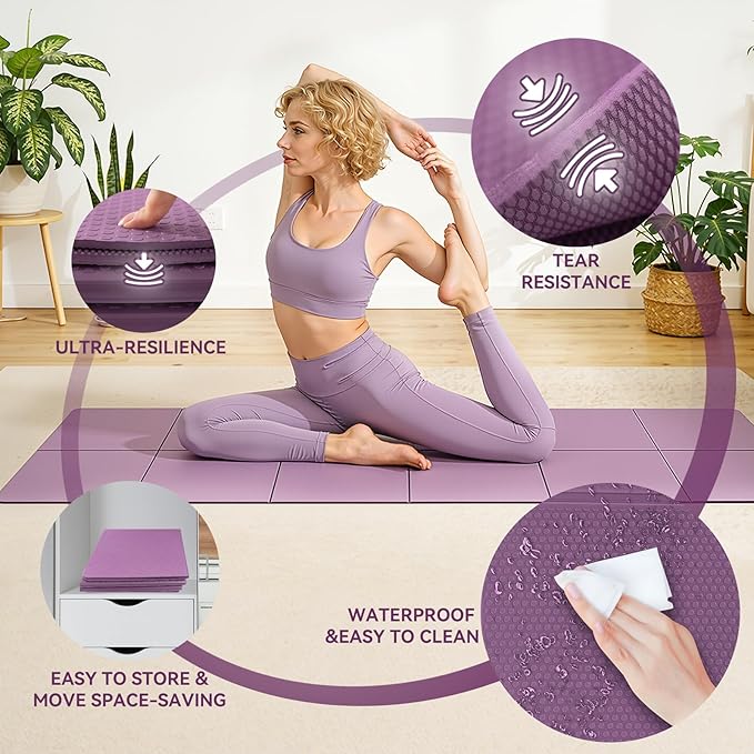 Foldable Travel Yoga Mat 72"x24"x0.24", Lightweight Non Slip Exercise Mat, Portable Folding Workout Mat for Yoga, Pilates, Stretching, Home Gym, Outdoor Fitness & Travel