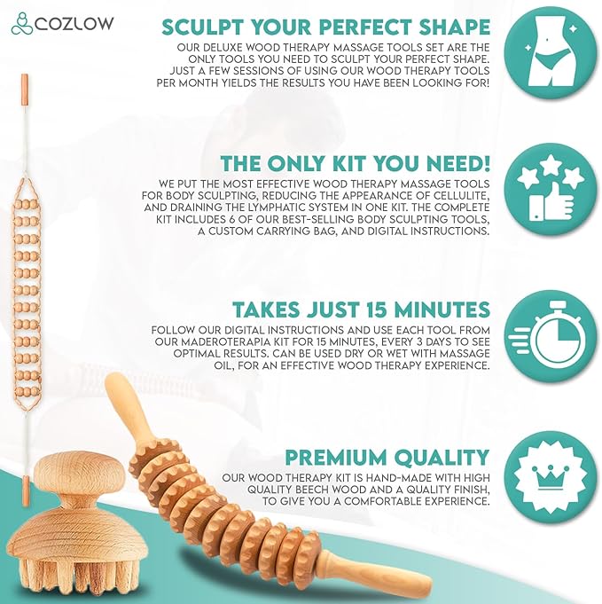COZLOW 6-in-1 Wood Therapy Massage Tools - Professional Maderoterapia Kit for Body Sculpting, Shaping, Fascia Release & Lymphatic Drainage - Maderotherapy Helps Reduce Cellulite Appearance