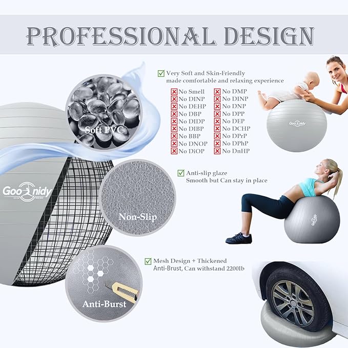 Soft Exercise Ball, Anti-Burst Pilates Yoga Ball Chair Supports 2200lb, Workout Equipment w/ Pump for Women Pregnancy, Medicine, Birthing, Physical Therapy, Stability, Excersing, Birth, Swiss, Fitness