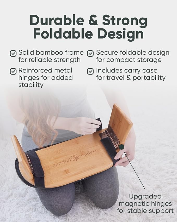 Mindful Modern Folding Meditation Bench - Bamboo Kneeling Stool w/Locking Magnetic Hinges - Prayer Kneeler Seiza Chair w/Soft Pillow & Travel Bag