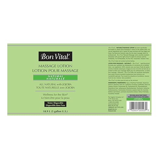 Bon Vital', Naturale Massage Lotion,5 Gallon, All Natural Massage Lotion for Massage Therapy and Bodywork, Lightweight Unscented Lotion, Plant-Based Ingredients for Smooth Application