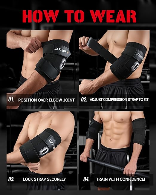 Jaffick Weightlifting Elbow Brace (1 Pair) - Elbow Sleeve with Dual Adjustable Compression Straps for Bench Press, Powerlifting, Pressing, Men & Women(Black, M)