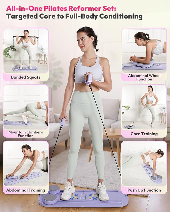Pilates Board for Home Workout, Foldable Pilates Reformer Set for Women 6-in-1 Portable Folding Mini Pilate Kit Machine Equipment