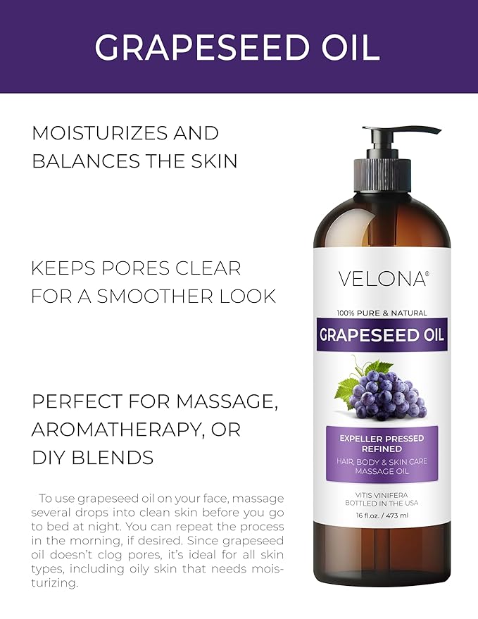 velona Grapeseed Oil 16 fl oz | 100% Pure and Natural Carrier Oil | Refined | Skin, Face, Body, Hair Care | Use Today - Enjoy Results