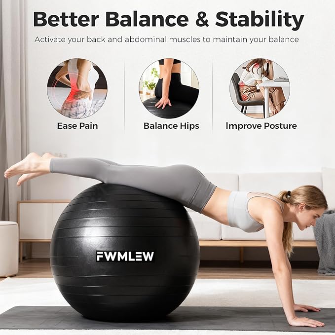 Extra Thick Exercise Yoga Ball, 5-Size Anti-Burst Heavy Duty Stability Gym Ball for Fitness, Core Workout, Pregnancy & Office Chair, Includes Quick Pump