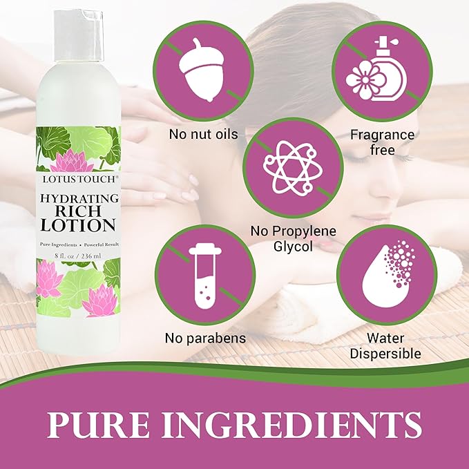 Hydrating Rich Massage Lotion by Lotus Touch - 100% Pure Jojoba & Coconut Oils Plus Herbal Extracts - Unscented - Max Glide, Rich Workability Without Stickiness - Deep Tissue Massage - (8 Ounces)