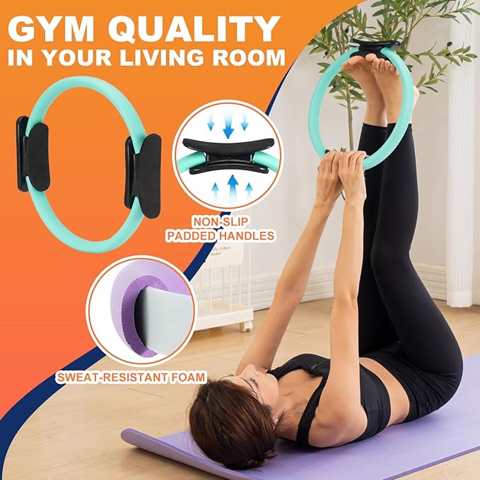 Tsikavo Pilates Ring, Pilates Ring Circle and Ball Set, 12 Inch Magic Circle Pilates Ring,9 Inch Small Exercise Ball,Resistance Bands Set, Home Pilates Equipment for Women