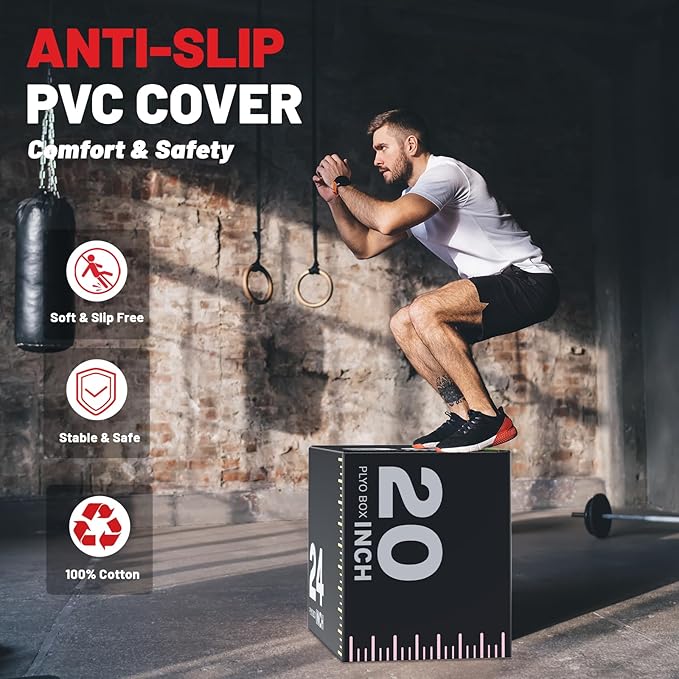 papababe 3-in-1 Plyometric Jump Box Workout Equipment, Box Jumps for Home Gym, Trainer with Anti Slip Surface and High Density Foam, Box Height: 20", 24", 30"