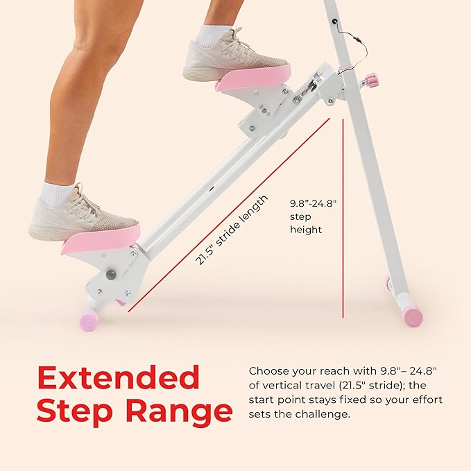 Sunny Health & Fitness Smart Foldable Cardio Stair Stepper, Vertical Climber with Extended Step Range, SunnyFit App Connection – Pink / White / Gray