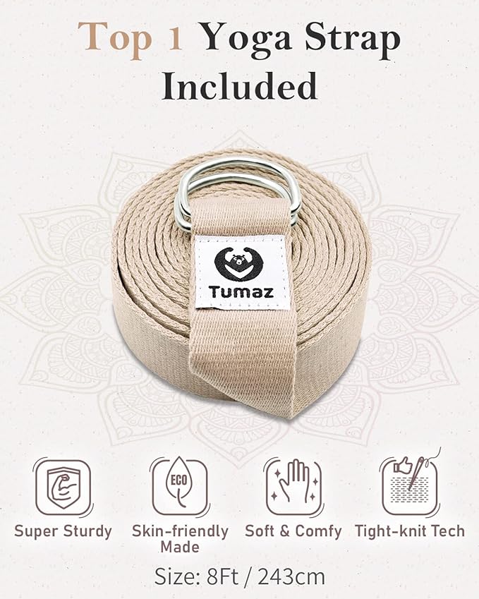 Tumaz Yoga Bolster Set - Rectangular Bolster Pillow for Restorative Yoga, Soft Meditation Pillow with Carry Handle and 8-Feet Strap, Machine Washable Cover