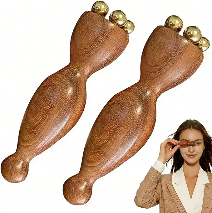Facial Massage Tool Set 2pcs Sandalwood Eye Massager with 5 Copper Beads Wooden Facial Massage Tools Gua Sha Eye Massager Tool for Face Acupressure Head Massage Wood Therapy Manual Massage Tool