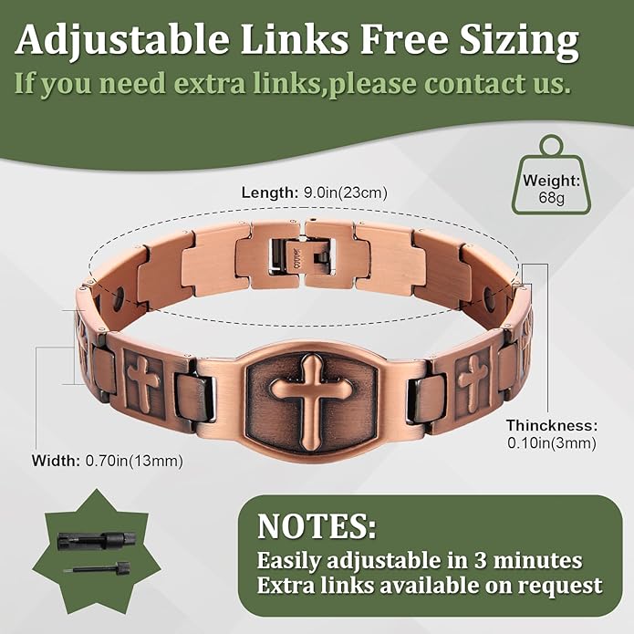 Magnetic Bracelet and Ring Set for Men, 99.99% Pure Copper Jewelry, Adjustable Cross & Celtic Knot Design, Gift for Dad