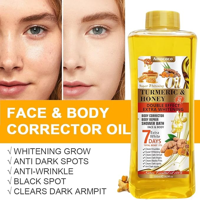 Turmeric & Honey Body Oil, Deep Moisturizing Treatment with Sweet Almond Oil, Vitamin E, and Collagen (16.9 fl oz)