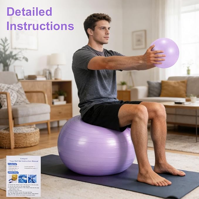 4Pcs Yoga Ball Set includes Large and 9in Pilates Balls, Massage & Spiky Ball for Fitness ,Anti-Burst Exercise Ball with Pumb for Pregnancy,Physical Therapy,Office Chair, Home Workout,3Sizes,3Colors