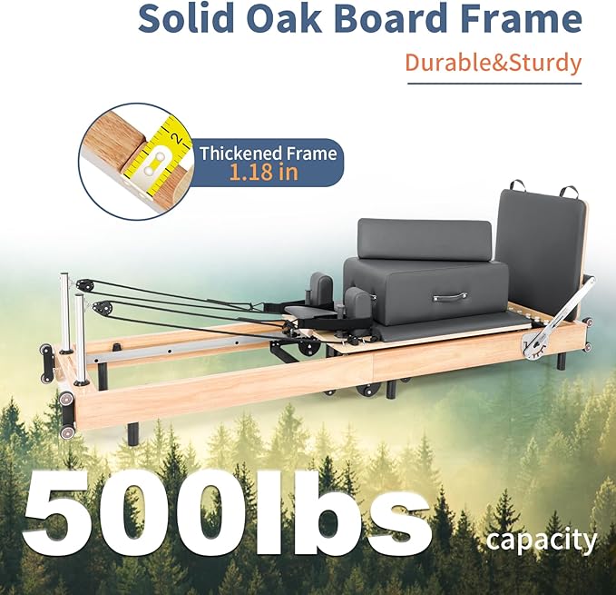 Pilates Reformer Machine,Oak Wood Home Pilates Equipment, Foldable Pilates Reformer with Reformer Box, Jump Board for Home Workouts and Body Exercises, Suits for Studio Gym Yoga