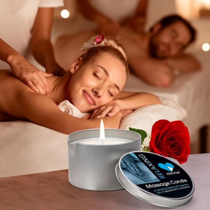 LOVE PLAY Massage Oil Candle for Home SPA - Vegan Moisturizing Body Oil Candle for Pure Relaxation - Hydrating Skin Care Massage Oils with Essential Oils (6.76oz) (Relaxing)