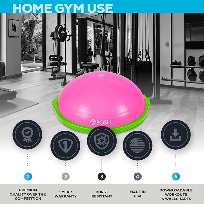 Bosu Balance Ball Exercise Trainer, Home Gym Equipment w/ Guided Workouts & Pump, 26", Blue - Inflatable Fitness Platform for Strength Training, Standing, Balancing, and Core Workout