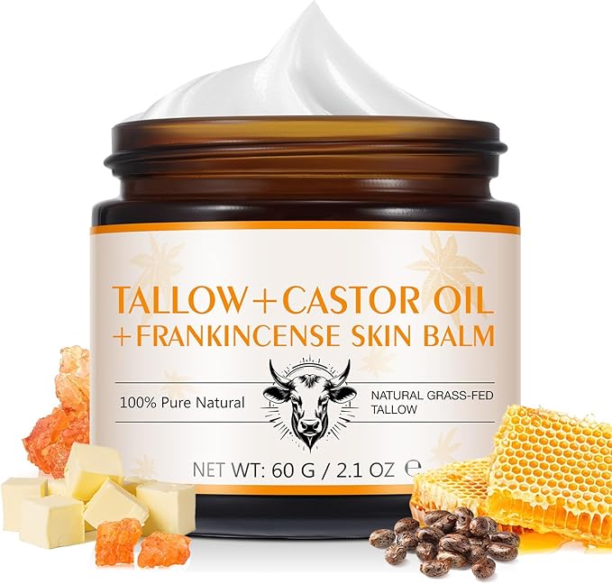 Frankincense Oil Massage Balm for Muscle/Joint Soothing/Relief, with 100% Grass-Fed Beef Tallow & Castor Oil Moisturizer for Face/Foot Hydrating, Anti-Aging, Lifting/Firming, 100% Natural,2.1 Oz/60 G
