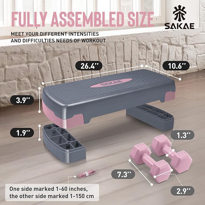 SAKAE Step Aerobics Platform Set with Dumbbells & Measuring Tape, Aerobic Steppers for Exercise at Home, Adjustable Height 2 Level Risers Workout Step Trainer with Non-Slip Surface, Multiple Colors