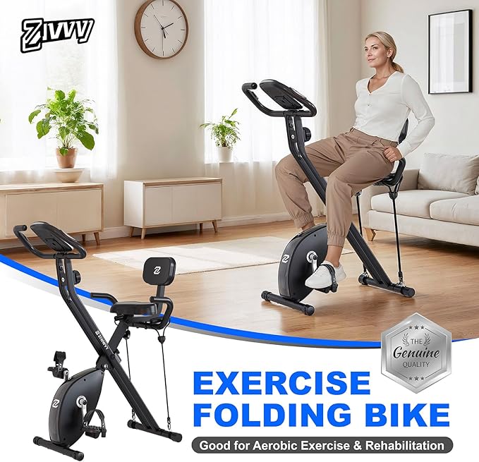 Silent Folding Exercise Bike for Apartments - 330lbs Capacity, 3-in-1 Stationary Bike with Arm Bands & Back Support