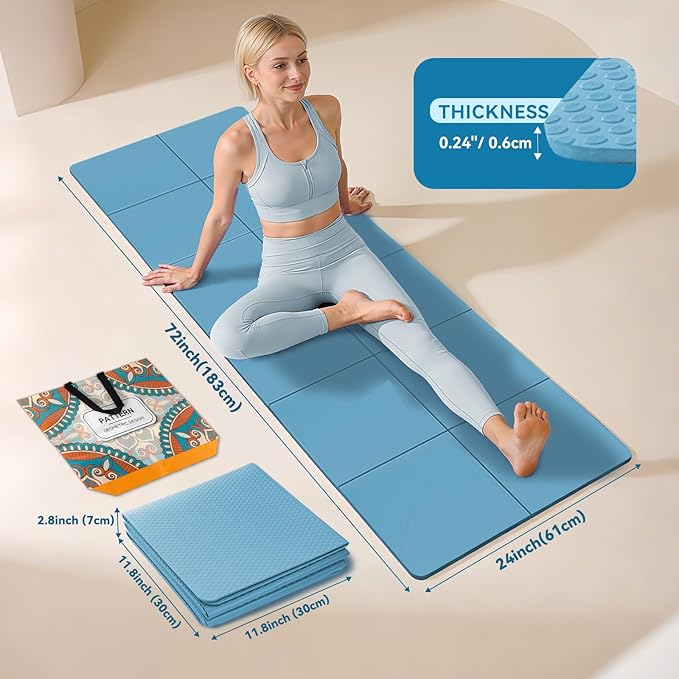 Foldable Travel Yoga Mat 72"x24"x0.24", Lightweight Non Slip Exercise Mat, Portable Folding Workout Mat for Yoga, Pilates, Stretching, Home Gym, Outdoor Fitness & Travel