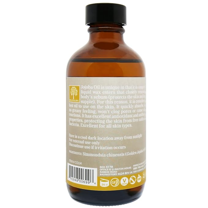 Plantlife Golden Jojoba Carrier Oil - Cold Pressed, Non-GMO, and Gluten Free Carrier Oils - for Skin, Hair, and Personal Care - 4 oz